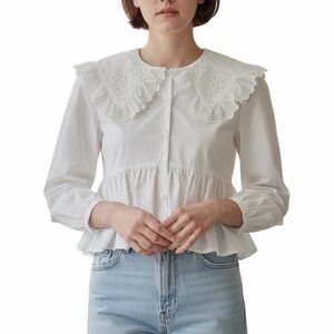 Coquette Only blue denim elegant peplum ruffle blouse size 36/small a35